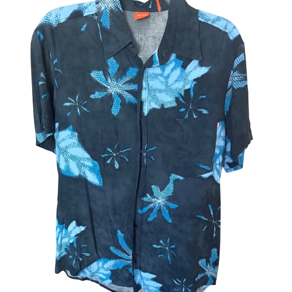 Hugo Boss short-sleeve button-down shirt‎ blue black floral Hawaiian print M
